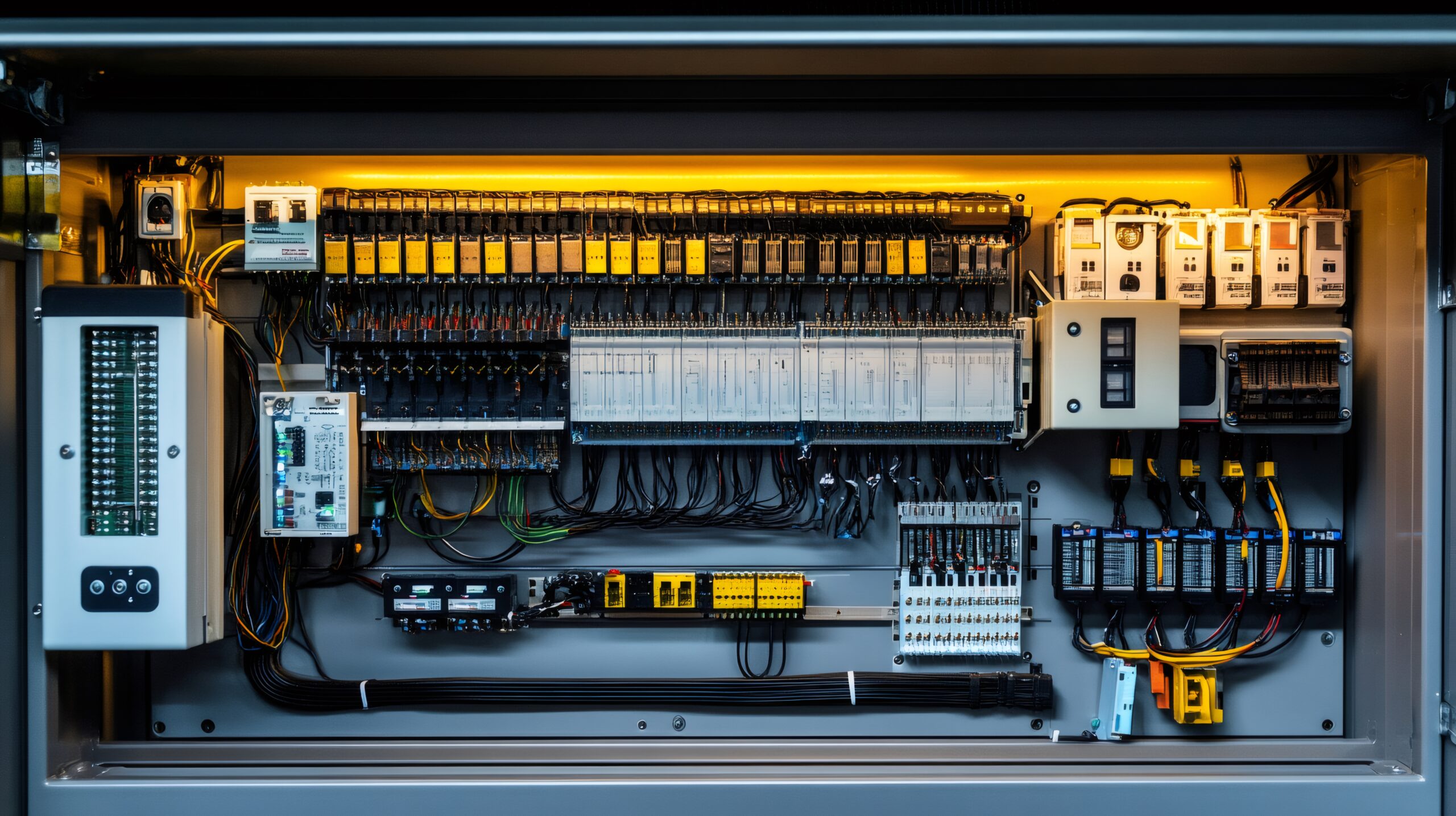 Open electrical cabinet showing complex generator installation wiring